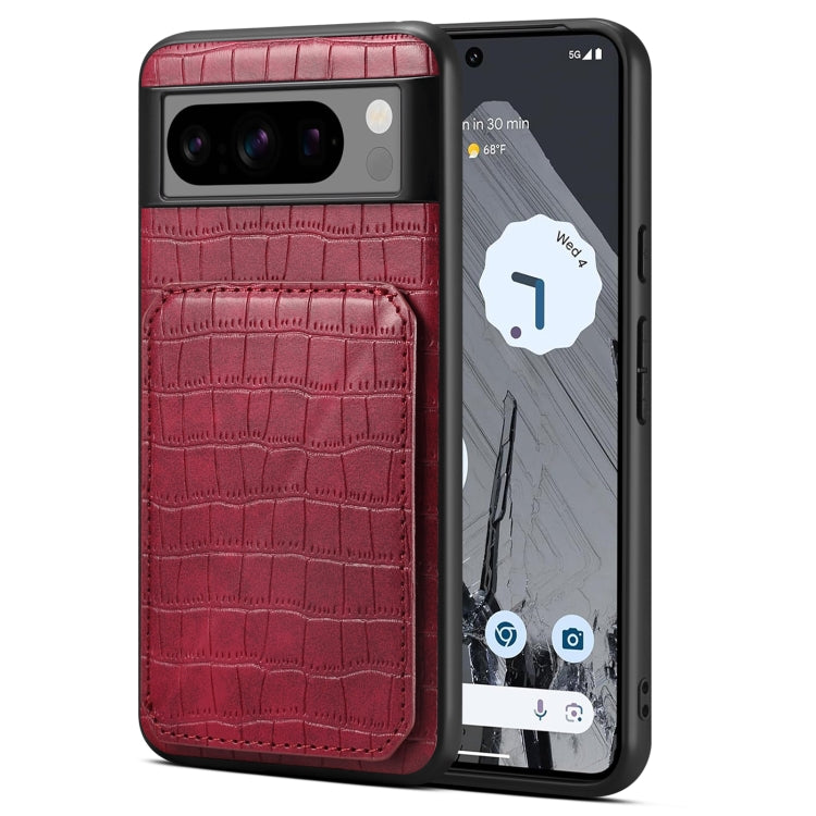 For Google Pixel 8 Pro Denior Crocodile Texture Holder Electroplating Phone Case(Red) by Denior