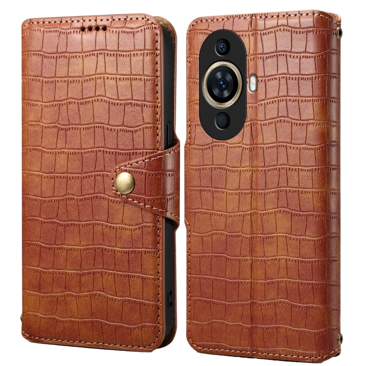 For Huawei nova 11 Denior Crocodile Texture Oil Edge Leather Phone Case(Brown) by Denior