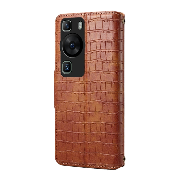 For Huawei P60 Denior Crocodile Texture Oil Edge Leather Phone Case(Brown) by Denior