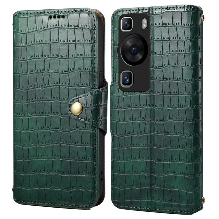 For Huawei P60 Denior Crocodile Texture Oil Edge Leather Phone Case(Green) by Denior