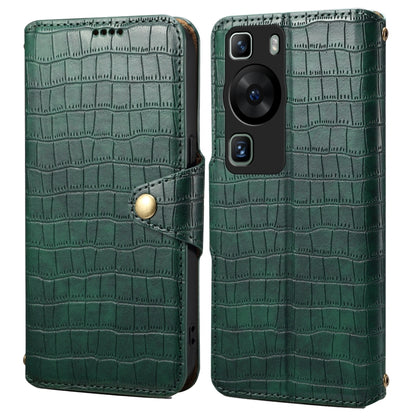 For Huawei P60 Denior Crocodile Texture Oil Edge Leather Phone Case(Green) by Denior