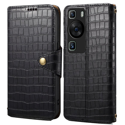 For Huawei P60 Denior Crocodile Texture Oil Edge Leather Phone Case(Black) by Denior