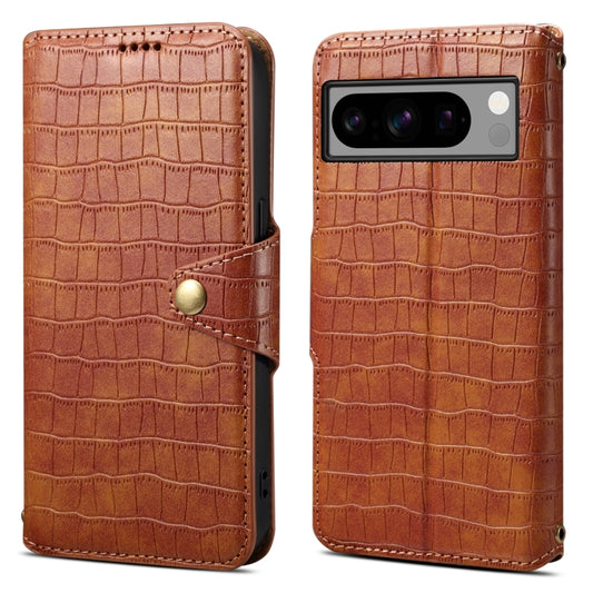 For Google Pixel 8 Pro Denior Crocodile Texture Oil Edge Leather Phone Case(Brown) by Denior