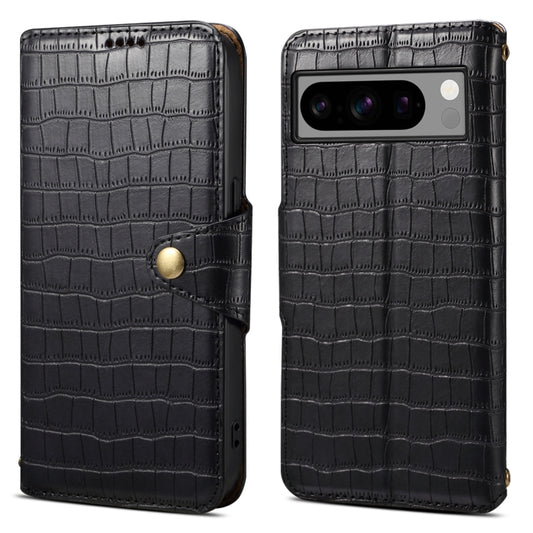 For Google Pixel 8 Pro Denior Crocodile Texture Oil Edge Leather Phone Case(Black) by Denior