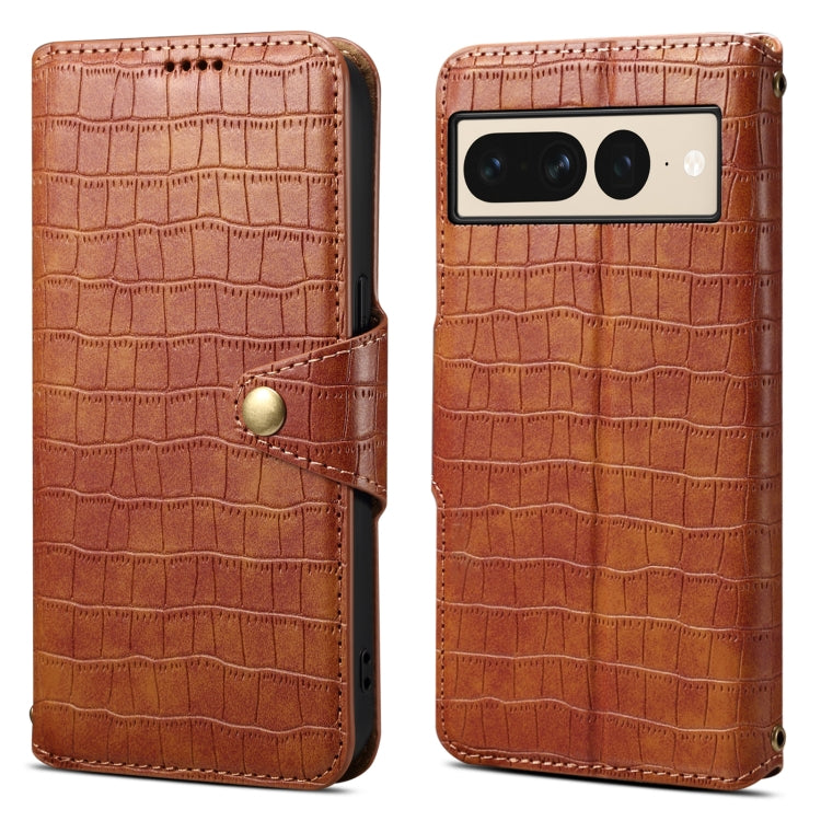 For Google Pixel 7 Pro Denior Crocodile Texture Oil Edge Leather Phone Case(Brown) by Denior