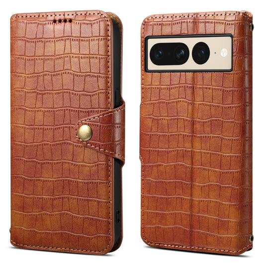 For Google Pixel 7 Pro Denior Crocodile Texture Oil Edge Leather Phone Case(Brown) by Denior