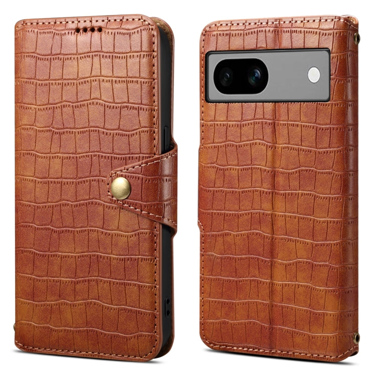 For Google Pixel 7a Denior Crocodile Texture Oil Edge Leather Phone Case(Brown) by Denior