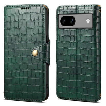 For Google Pixel 7a Denior Crocodile Texture Oil Edge Leather Phone Case(Green) by Denior
