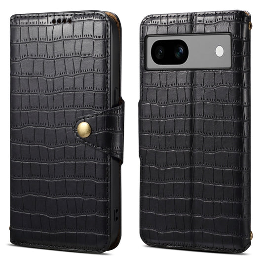 For Google Pixel 7a Denior Crocodile Texture Oil Edge Leather Phone Case(Black) by Denior