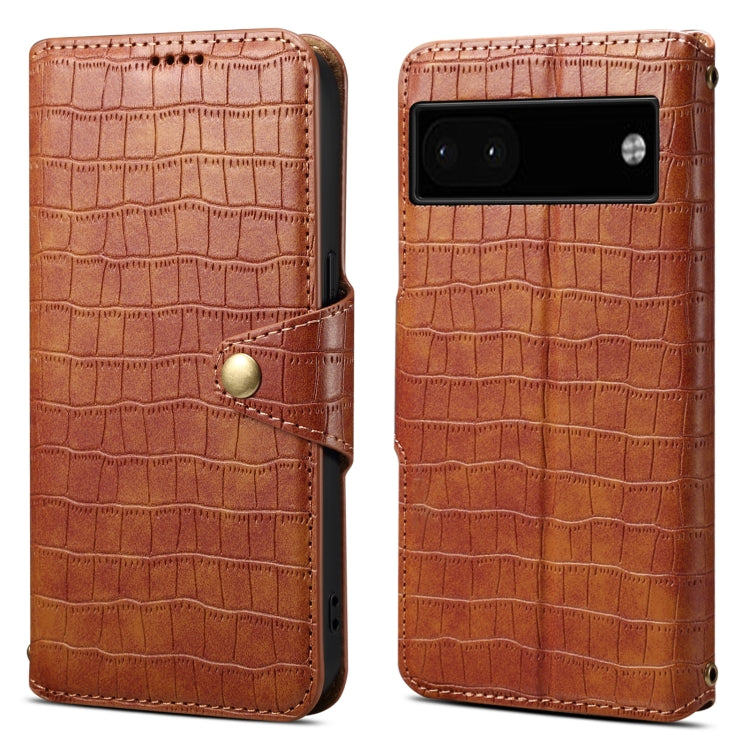 For Google Pixel 6a Denior Crocodile Texture Oil Edge Leather Phone Case(Brown) by Denior