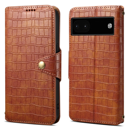 For Google Pixel 6a Denior Crocodile Texture Oil Edge Leather Phone Case(Brown) by Denior
