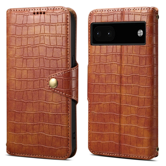 For Google Pixel 6a Denior Crocodile Texture Oil Edge Leather Phone Case(Brown) by Denior