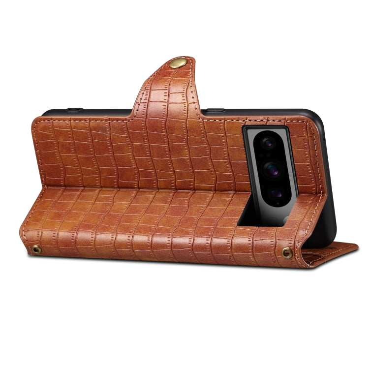 For Google Pixel 6a Denior Crocodile Texture Oil Edge Leather Phone Case(Brown) by Denior