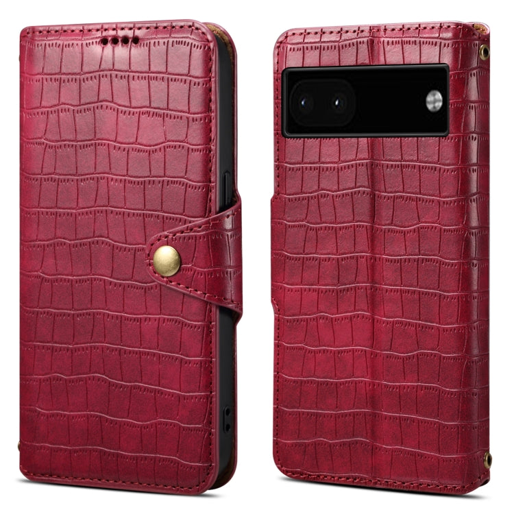 For Google Pixel 6a Denior Crocodile Texture Oil Edge Leather Phone Case(Rose Red) by Denior