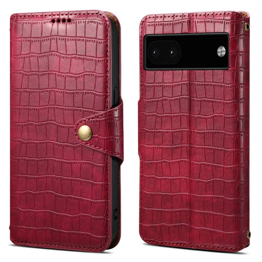 For Google Pixel 6a Denior Crocodile Texture Oil Edge Leather Phone Case(Rose Red) by Denior