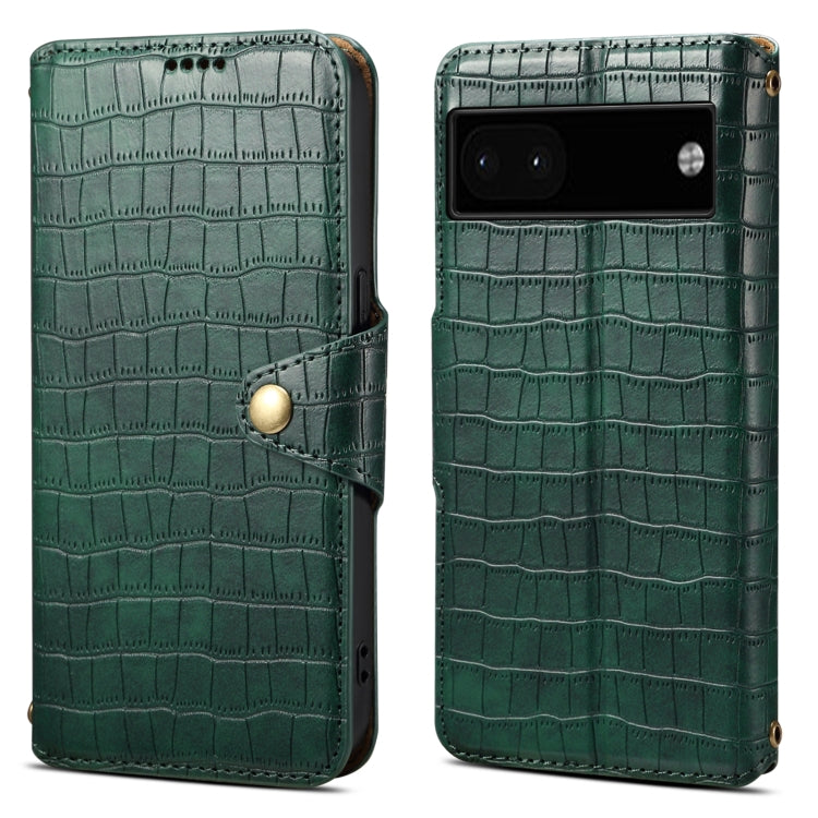 For Google Pixel 6a Denior Crocodile Texture Oil Edge Leather Phone Case(Green) by Denior