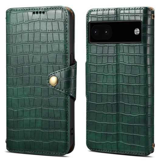 For Google Pixel 6a Denior Crocodile Texture Oil Edge Leather Phone Case(Green) by Denior