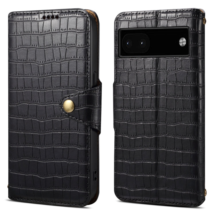 For Google Pixel 6a Denior Crocodile Texture Oil Edge Leather Phone Case(Black) by Denior