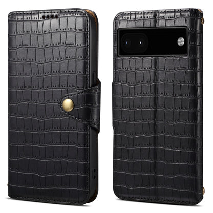 For Google Pixel 6a Denior Crocodile Texture Oil Edge Leather Phone Case(Black) by Denior