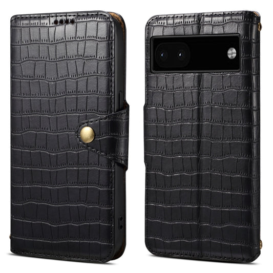 For Google Pixel 6a Denior Crocodile Texture Oil Edge Leather Phone Case(Black) by Denior