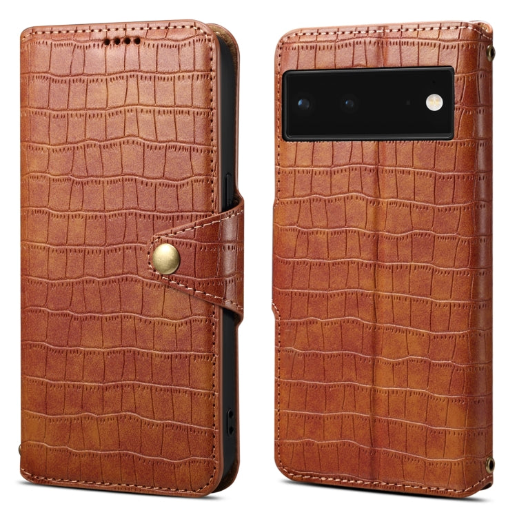For Google Pixel 6 Denior Crocodile Texture Oil Edge Leather Phone Case(Brown) by Denior