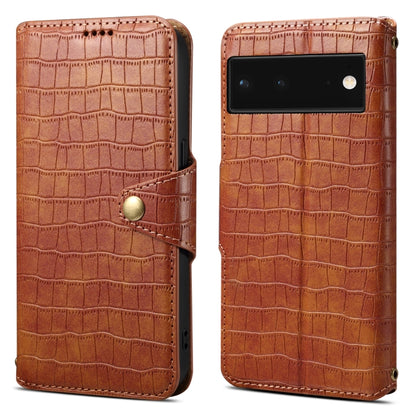 For Google Pixel 6 Denior Crocodile Texture Oil Edge Leather Phone Case(Brown) by Denior