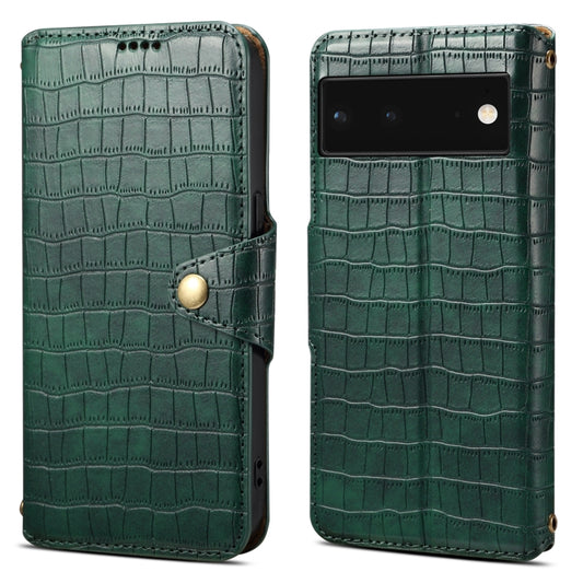 For Google Pixel 6 Denior Crocodile Texture Oil Edge Leather Phone Case(Green) by Denior