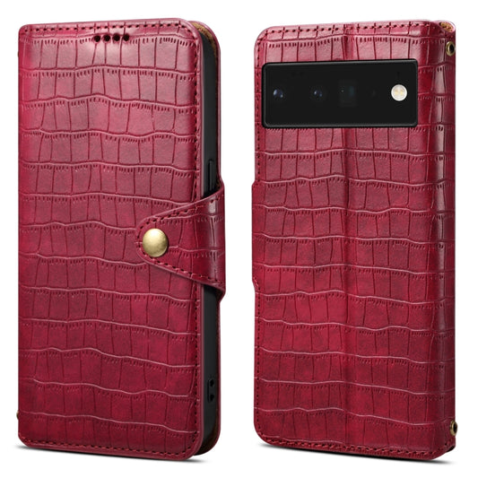 For Google Pixel 6 Pro Denior Crocodile Texture Oil Edge Leather Phone Case(Rose Red) by Denior