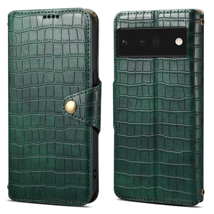 For Google Pixel 6 Pro Denior Crocodile Texture Oil Edge Leather Phone Case(Green) by Denior