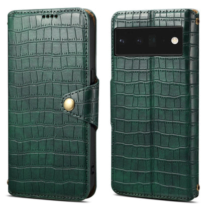 For Google Pixel 6 Pro Denior Crocodile Texture Oil Edge Leather Phone Case(Green) by Denior
