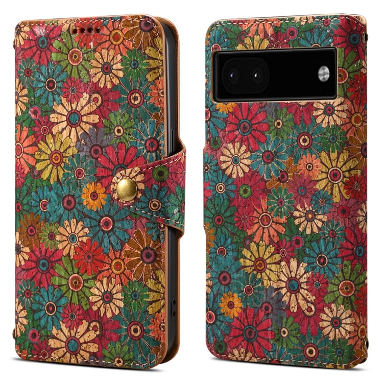 For Google Pixel 6a Denior Flower Language Series Cork Fabric Oil Edge Leather Phone Case(Spring) by Denior