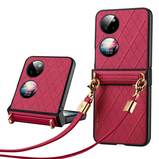 For Huawei P50 Pocket SULADA Elegant Rhombic Texture Folding Phone Case with Lanyard(Red) by SULADA
