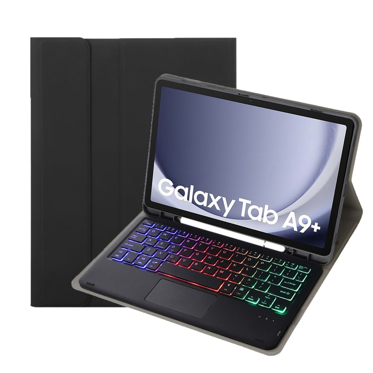 For Samsung Galaxy Tab A9+ X210/X215/X215 A09B-AS Candy Color Touch Backlight Bluetooth Keyboard Leather Tablet Case with Pen Holder(Black) by bashfashion