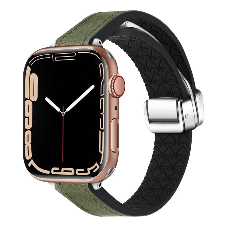 For Apple Watch SE 2023 44mm Magnetic Folding Leather Silicone Watch Band(Crazy Horse Green) by bashfashion