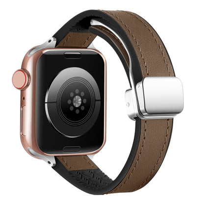 For Apple Watch SE 2023 40mm Magnetic Folding Leather Silicone Watch Band(Dark Brown) by bashfashion