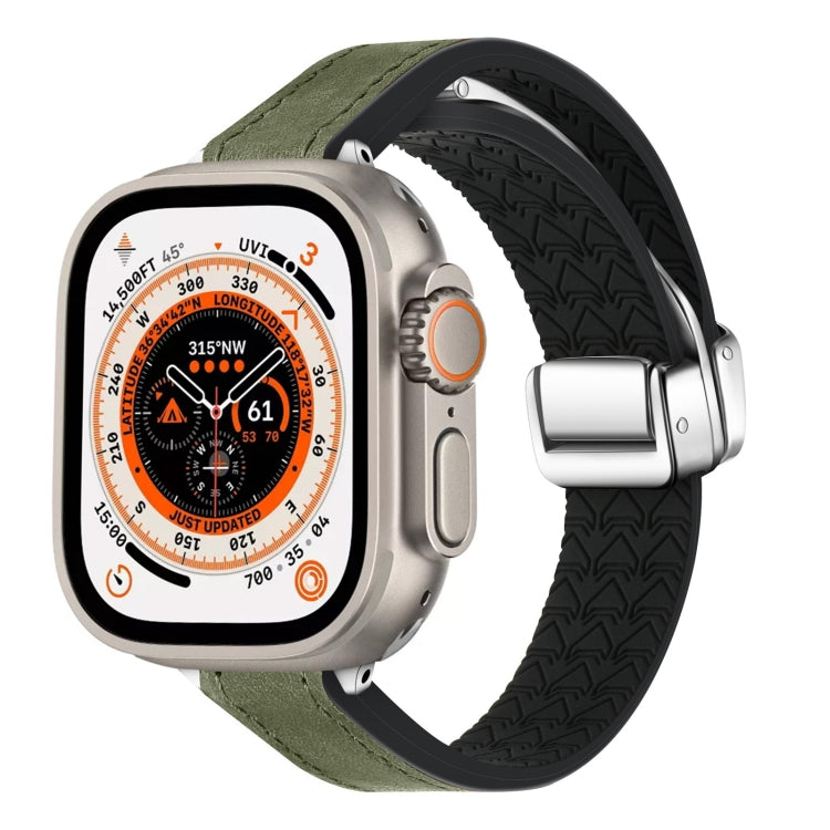For Apple Watch Ultra 2 49mm Magnetic Folding Leather Silicone Watch Band(Crazy Horse Green) by bashfashion