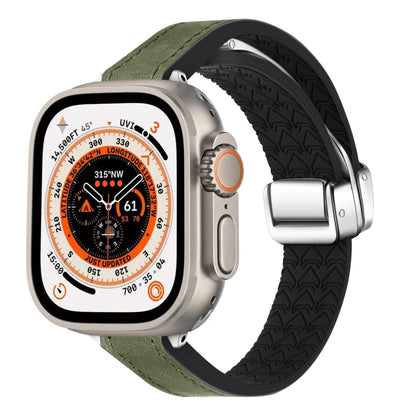 For Apple Watch Ultra 2 49mm Magnetic Folding Leather Silicone Watch Band(Crazy Horse Green) by bashfashion