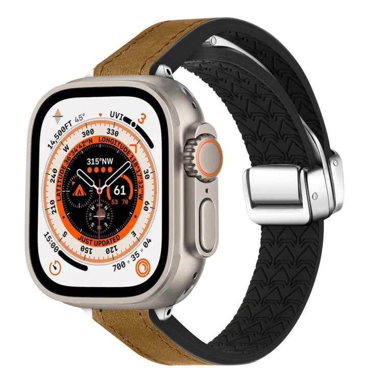 For Apple Watch Ultra 2 49mm Magnetic Folding Leather Silicone Watch Band(Crazy Horse Brown) by bashfashion
