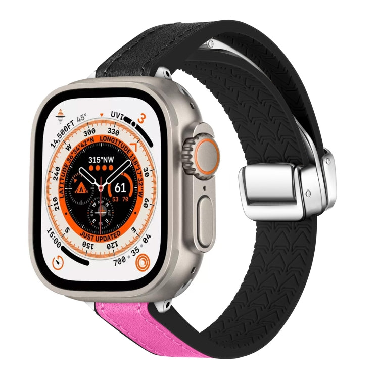 For Apple Watch Ultra 2 49mm Magnetic Folding Leather Silicone Watch Band(Rose Pink on Black) by bashfashion