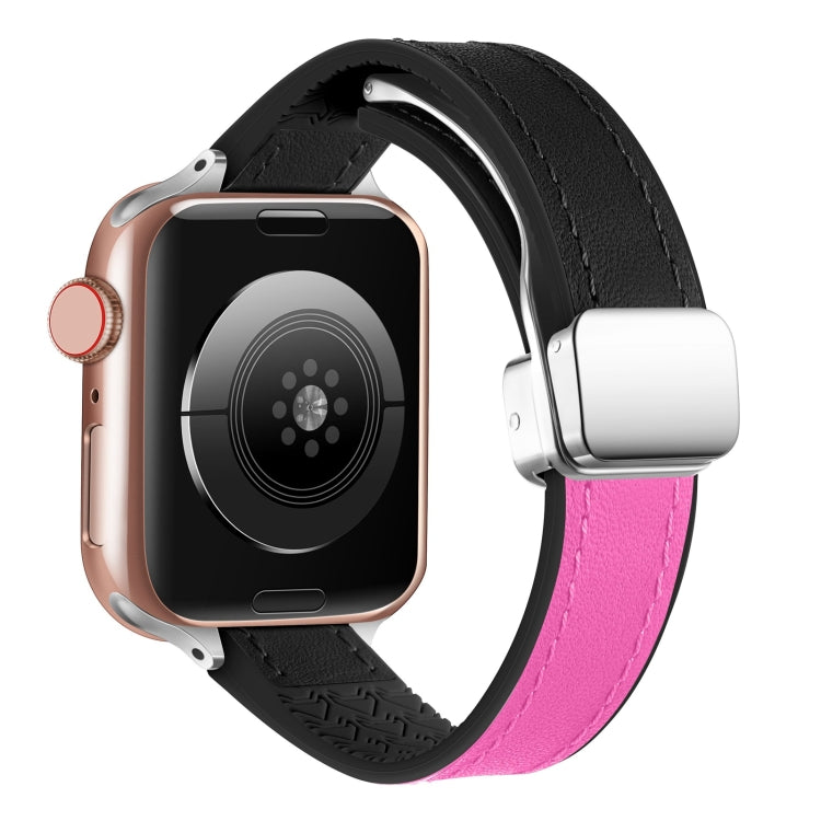For Apple Watch Ultra 2 49mm Magnetic Folding Leather Silicone Watch Band(Rose Pink on Black) by bashfashion