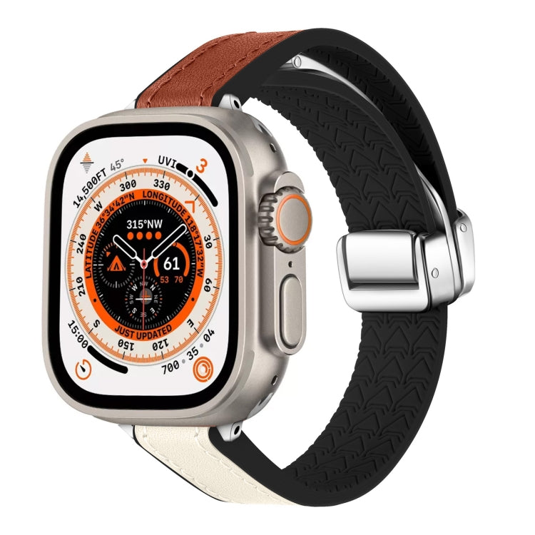 For Apple Watch Ultra 2 49mm Magnetic Folding Leather Silicone Watch Band(Starlight Brown) by bashfashion