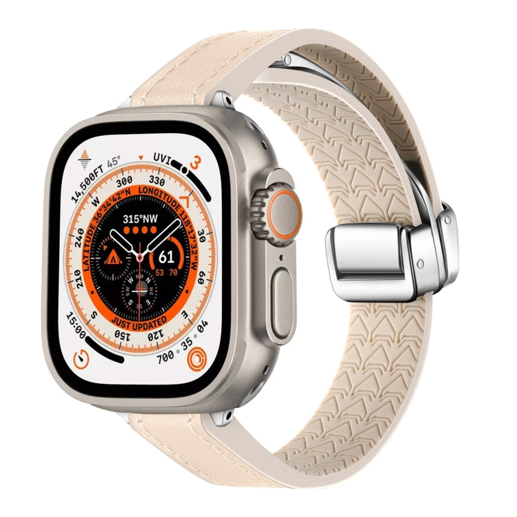 For Apple Watch Ultra 2 49mm Magnetic Folding Leather Silicone Watch Band(Apricot) by bashfashion