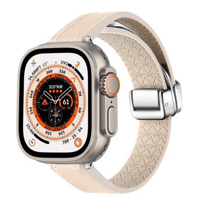 For Apple Watch Ultra 2 49mm Magnetic Folding Leather Silicone Watch Band(Apricot) by bashfashion