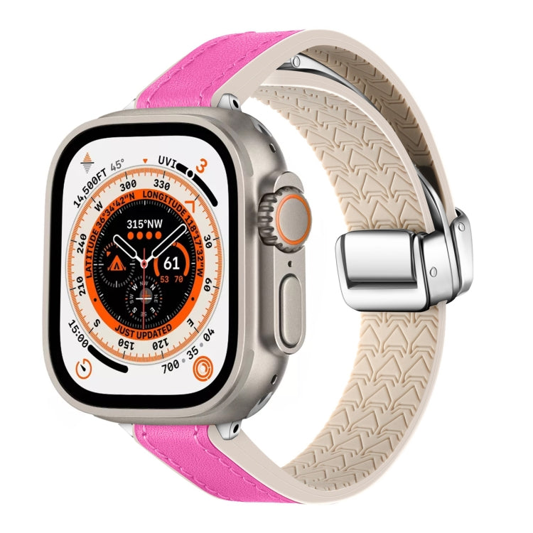 For Apple Watch Ultra 49mm Magnetic Folding Leather Silicone Watch Band(Rose Red) by bashfashion