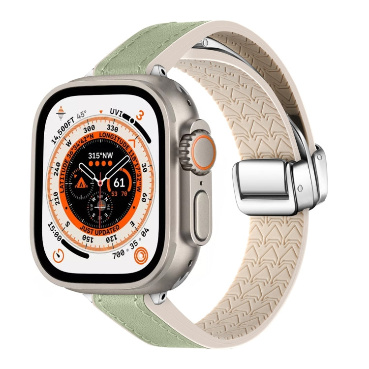For Apple Watch Ultra 49mm Magnetic Folding Leather Silicone Watch Band(Grass Green) by bashfashion