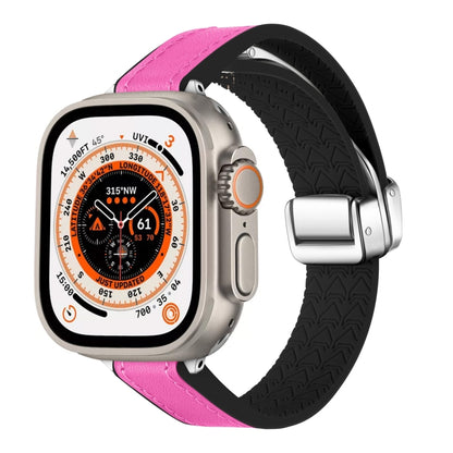 For Apple Watch Ultra 49mm Magnetic Folding Leather Silicone Watch Band(Rose Pink on Black) by bashfashion
