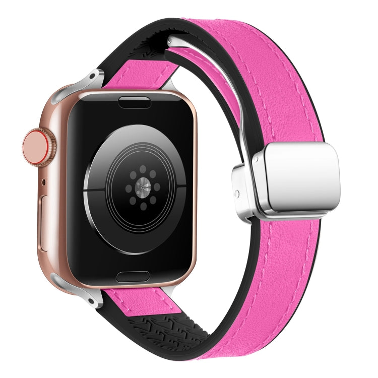 For Apple Watch Ultra 49mm Magnetic Folding Leather Silicone Watch Band(Rose Pink on Black) by bashfashion