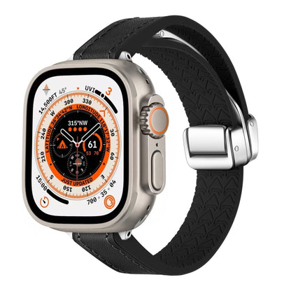 For Apple Watch Ultra 49mm Magnetic Folding Leather Silicone Watch Band(Napa Black) by bashfashion