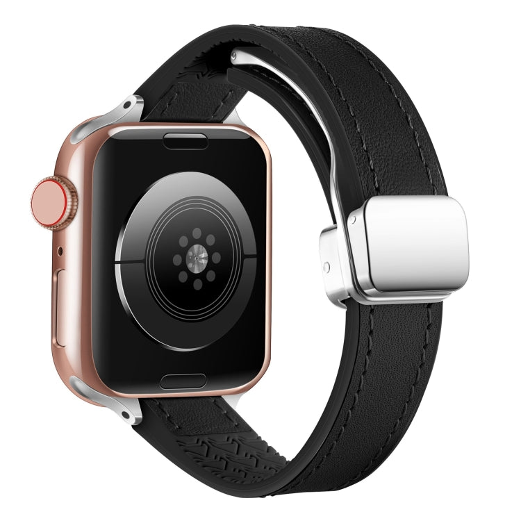 For Apple Watch Ultra 49mm Magnetic Folding Leather Silicone Watch Band(Napa Black) by bashfashion
