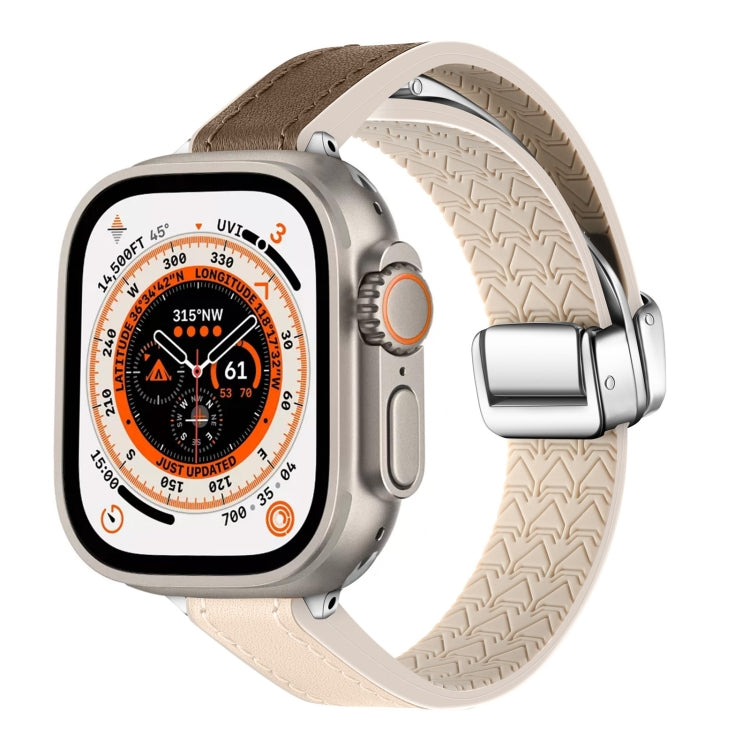 For Apple Watch Ultra 49mm Magnetic Folding Leather Silicone Watch Band(Apricot Brown) by bashfashion